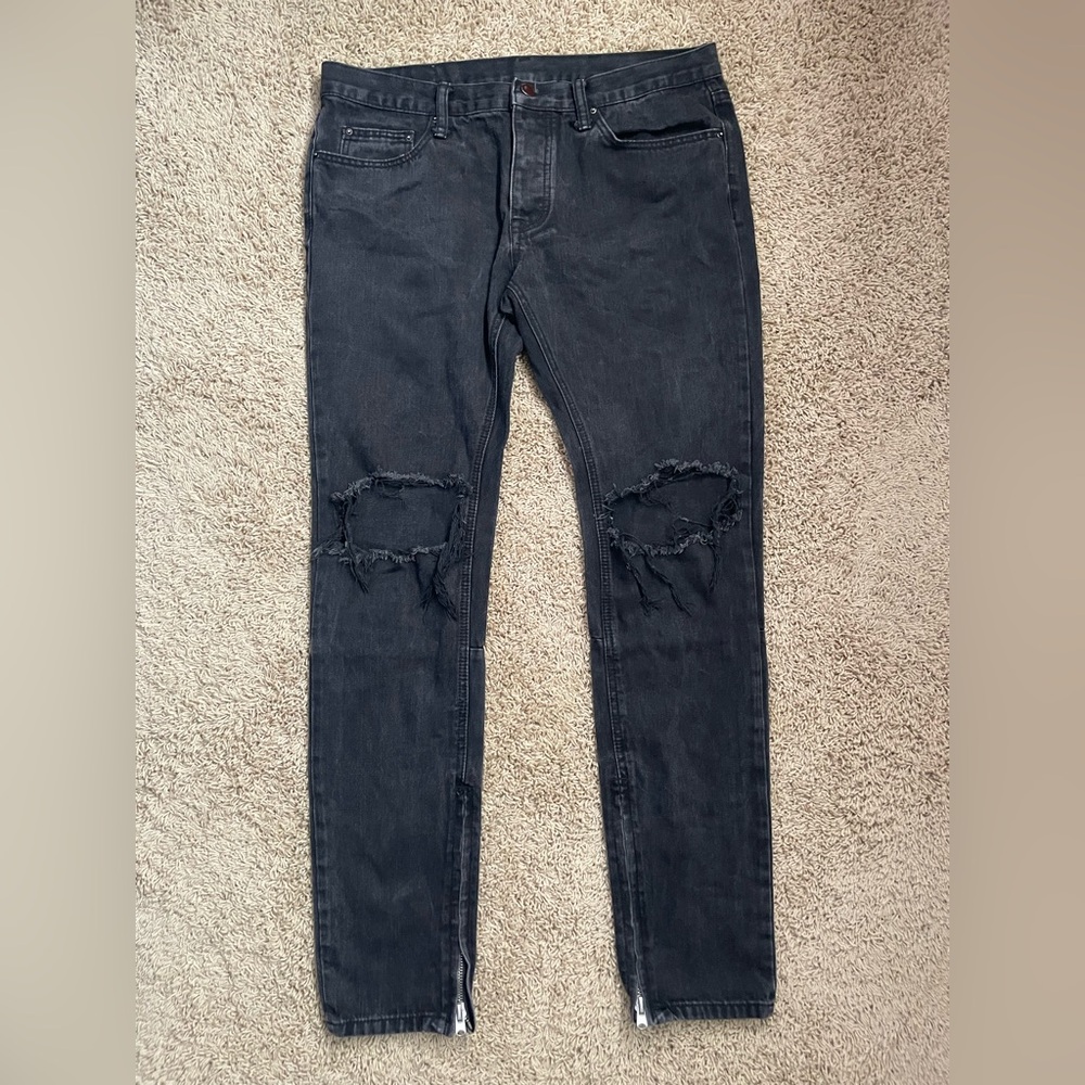 MNML Black Distressed Zip Ankle Button Fly Jeans Size 34